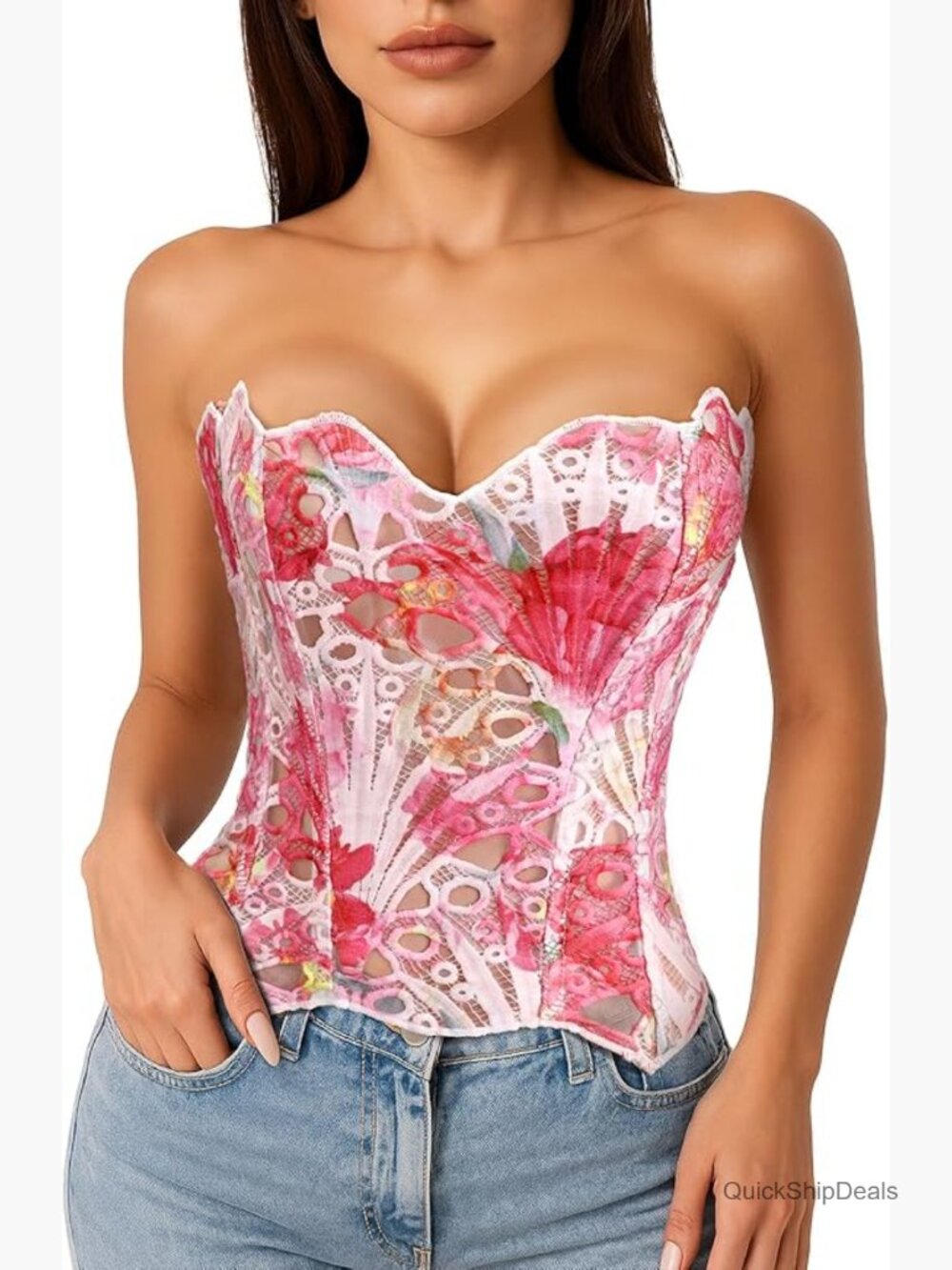 Sheer Floral Lace Corset Top with Plastic Boning, Adjustable Lace-Up Back